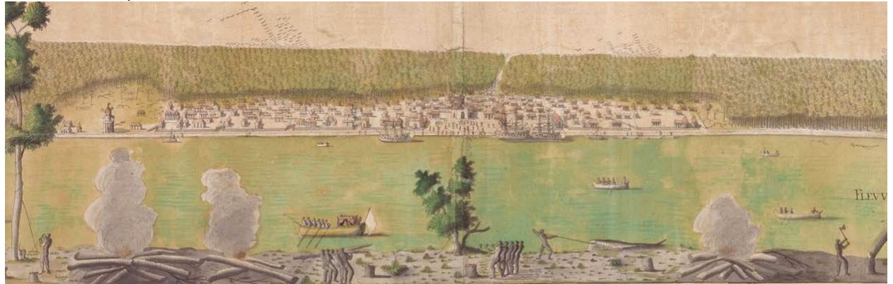 A view of New Orleans from this spot, painted by Jean-Pierre Lassus in 1726.  Enslaved people at the Company Plantation are shown in the foreground. One is battling an alligator; others are rowing boats across the river, chopping wood and carrying timber.