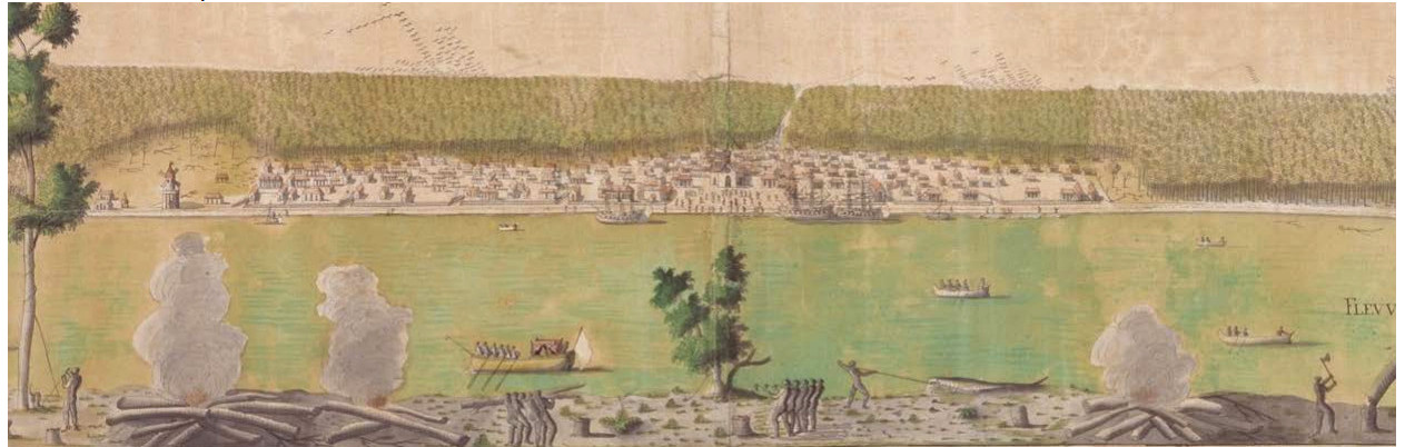 A view of New Orleans from this spot, painted by Jean-Pierre Lassus in 1726. Enslaved people at the Company Plantation are shown in the foreground. One is battling an alligator; others are rowing boats across the river, chopping wood and carrying timber.
